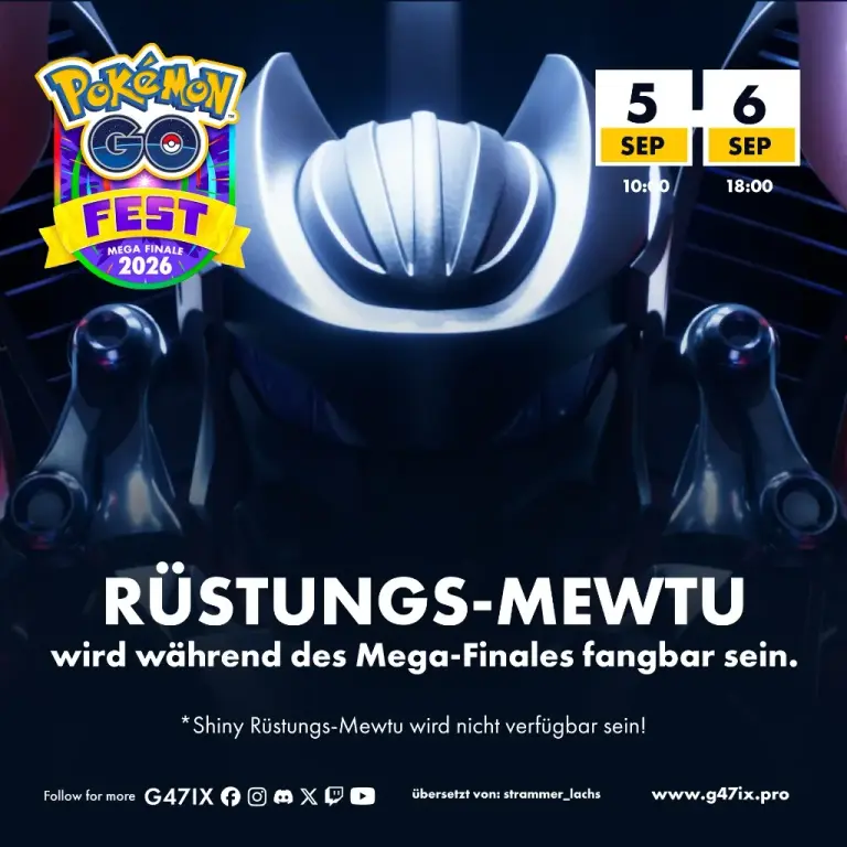 Werbegrafik zum Pokémon GO Fest Mega-Finale 2026 mit Rüstungs-Mewtu. Event vom 5. September 10:00 Uhr bis 6. September 18:00 Uhr.