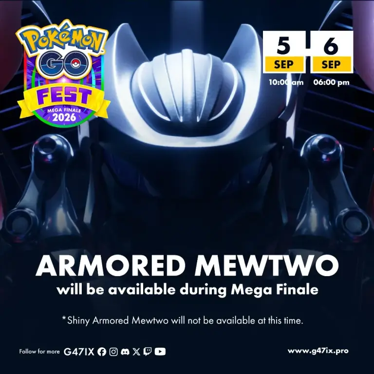 Promotional graphic for Pokémon GO Fest Mega Finale 2026 featuring Armored Mewtwo. Event runs September 5 at 10:00 am through September 6 at 6:00 pm.