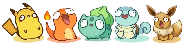 Derpy Pikachu, Glumanda, Bisasam, Schiggy und Evoli